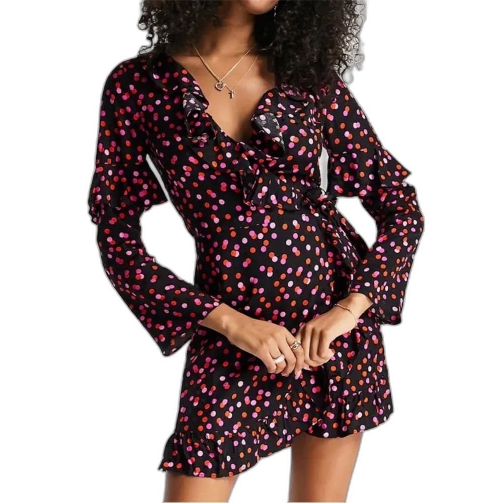 Topshop Minidress Women's Size 8 Multicolor Spot Jacquard Long Sleeve V-Neck